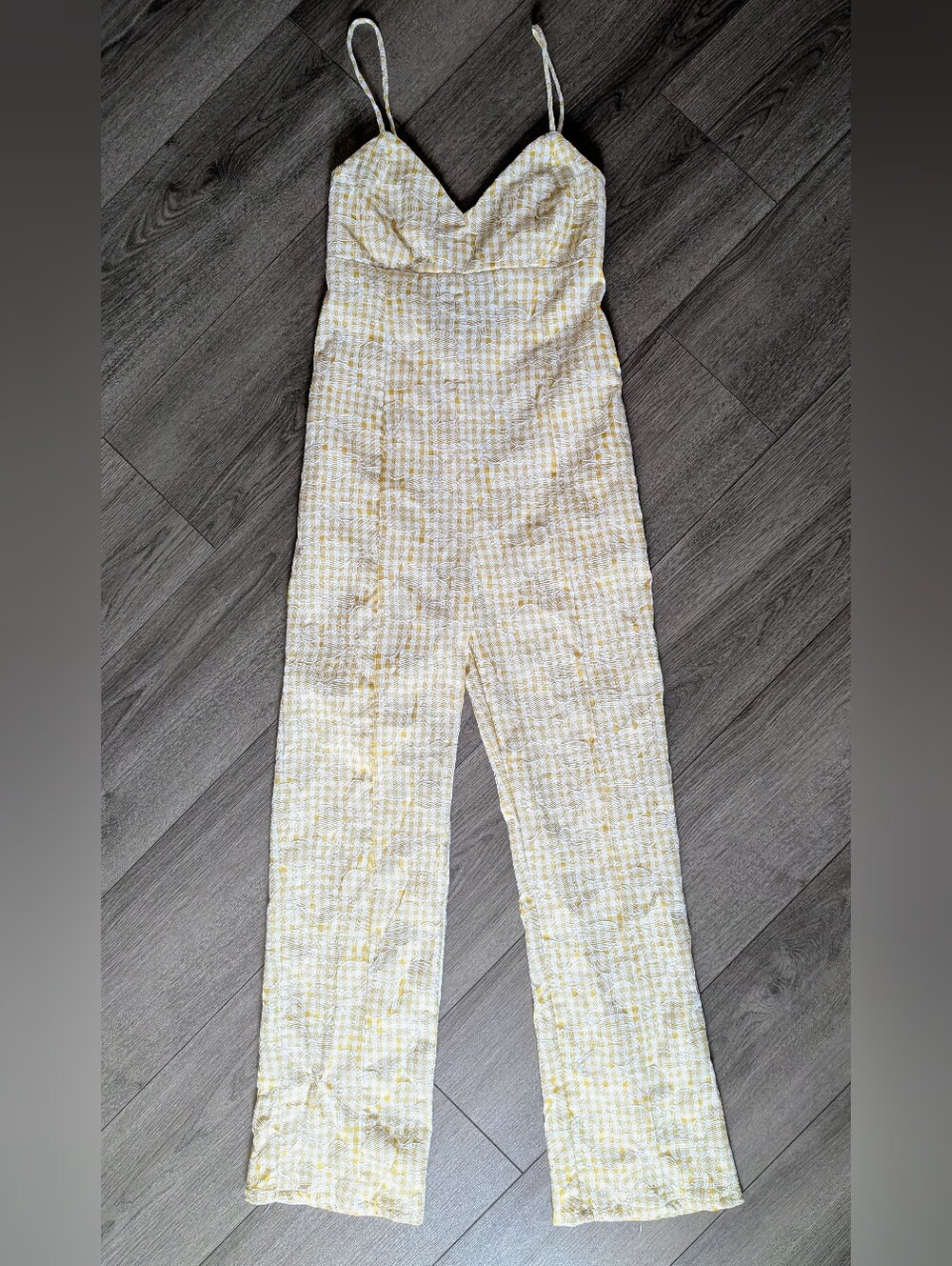 En Saison Marigold & White Gingham Floral Embroidered Wide-Leg Jumpsuit Sz Small